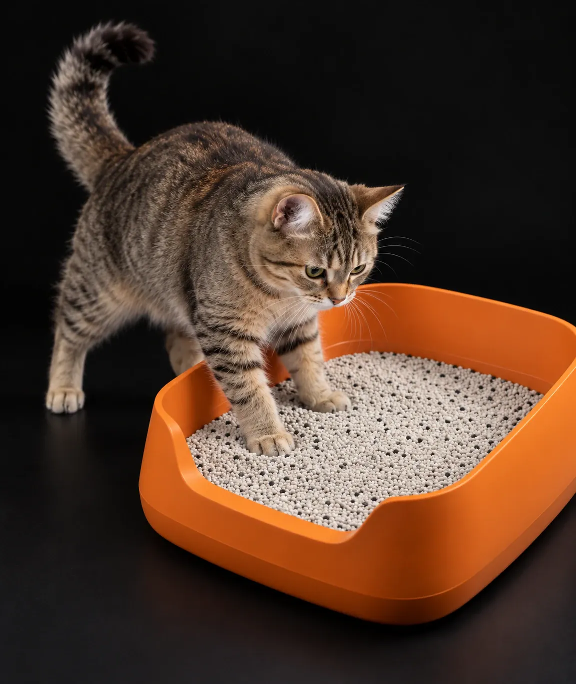 Gato explorando una bandeja naranja con arena CatSur Carbón Natural